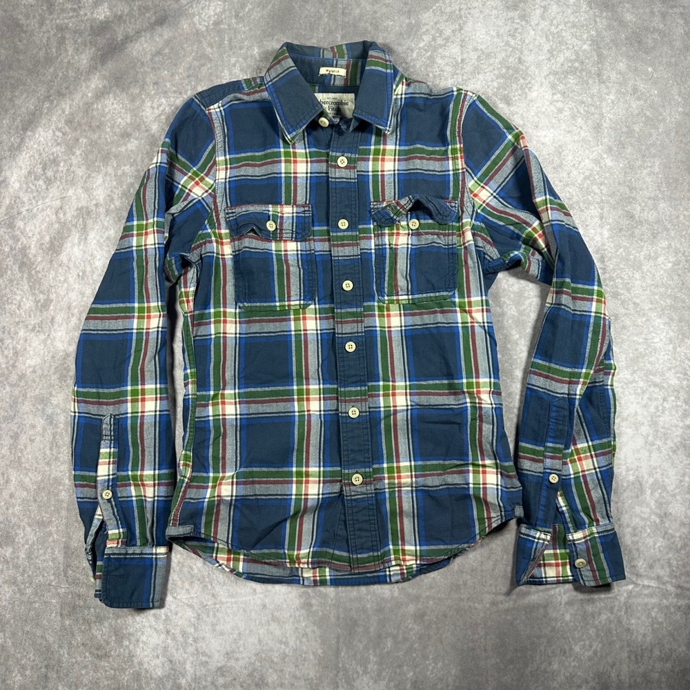 Abercrombie & Fitch Mens S Muscle Fit Flannel Shirt Blue Green Plaid Button Up